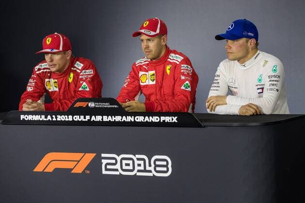 vl. Kimi Raikkoenen (Scuderia Ferrari), Sebastian Vettel (Scuderia Ferrari) und Valtteri Bottas (Mercedes AMG Petronas Formula One Team), Grosser Preis von Bahrain 2018, Qualifying, 07.04.18, Foto:Illmann Eibner Sachir Copyright: xEIBNER Illmannx EP_EER