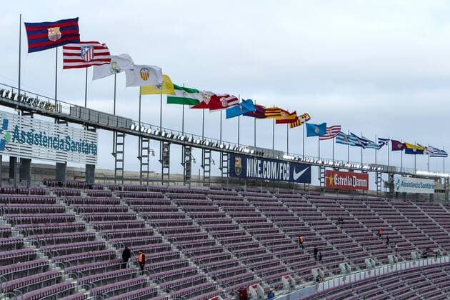 FuÃŸball, Stadiongeschichte FC Barcelona 7th April 2018, Camp Nou, Barcelona, Spain; La Liga football, Barcelona versus Leganes; La Liga flags at Camp Nou stadium  ActionPlus12010361