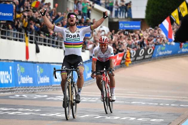 Slovakian Peter Sagan of Bora-Hansgrohe (L) celebrates as he wins before Swiss Silvan Dillier of AG2R La Mondiale (R) the sprint at the finish of the 116th edition of the Paris-Roubaix one day cycling race, from Compiegne, near Paris to Roubaix. DAVIDxSTOCKMAN  x05326231x