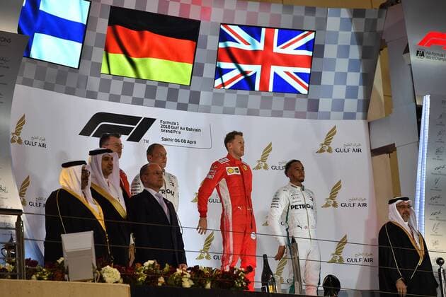 Podium, formula 1 GP, Bahrain in Manama Shakir 08.04.2018 Photo:mspb Jerry Andre Podium; formula 1 GP, Bahrain 2018