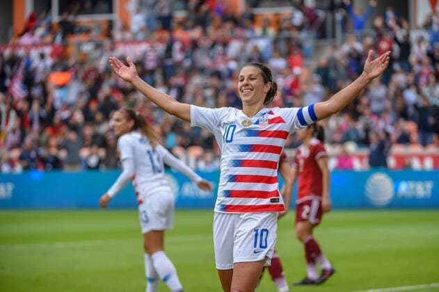 HOUSTON, TX - APRIL 08: U.S. Women s Soccer midfielder Carli Lloyd (10) celebrates her 100th international goal during the soccer match between the USA and Mexico Women s National Teams on April 8, 2018 at BBVA Stadium in Houston, Texas. (Photo by Ken Murray Icon Sportswire) SOCCER: APR 08 Women s - USA v Mexico Icon180408004 EDITORIAL USE ONLY