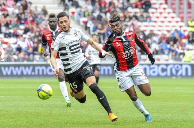 Allan Saint Maximin (OGC Nice) - Bensebaini (FC Rennes) FOOTBALL : OGC Nice vs FC Rennes - Ligue 1 - Nice - 08 04 2018 NorbertScanella Panoramic 