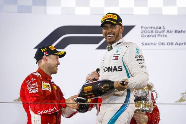 HAMILTON Lewis (gbr), Mercedes AMG F1 Petronas GP W09 Hybrid EQ Power+, portrait podium during 2018 Formula 1 FIA World Championship WM Weltmeisterschaft Bahrain Grand Prix, Sakhir Bahrain