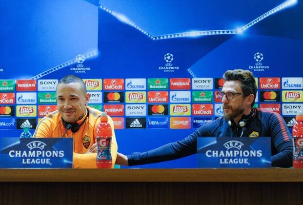 9th April 2018, Stadio Olimpico, Rome, Italy; UEFA Champions League football, AS Roma versus FC Barcelona Barca pre-match press conference PK Pressekonferenz Radja Nainggolan and coach Eusebio Di Francesco  ActionPlus12011253