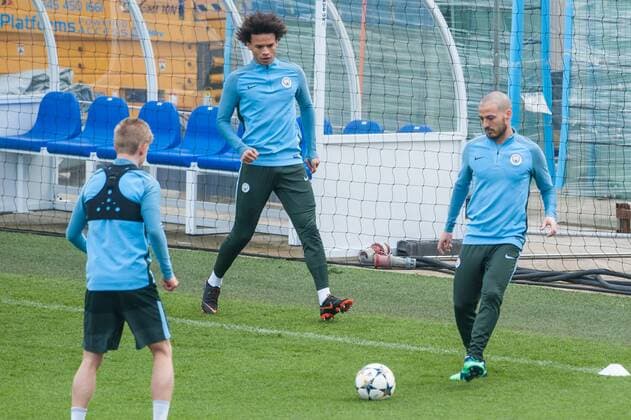Manchester City Training David Silva of Manchester City (right) and Leroy San? (centre) during the Manchester City training session at City Football Academy , Manchester Content Not Available For UK Newspapers Copyright: xMattxWilkinsonx FIL-11627-0015