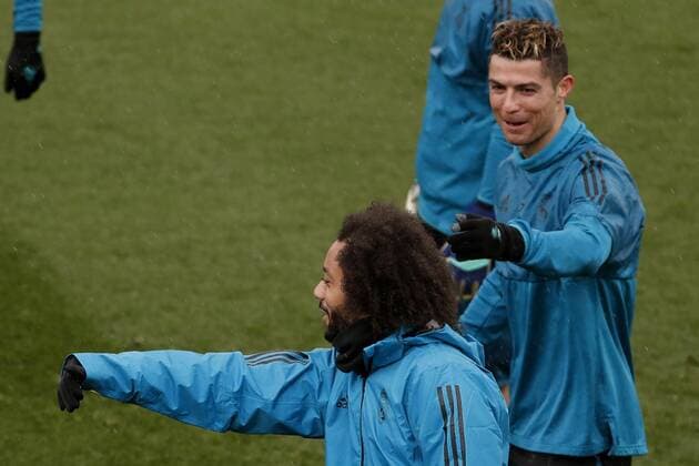 Real Madrid s Portuguese forward Cristiano Ronaldo (R) and Brazilian defender Marcelo Vieira take part in a training session at Valdebebas sports facilities in Madrid, Spain, 10 April 2018. Real Madrid will face Juventus in their UEFA Champions League quarter final second leg match on 11 April. Real Madrid training session !ACHTUNG: NUR REDAKTIONELLE NUTZUNG!  Copyright: xJAVIERxLIZÓNx GRAF055 20180410-636589602628352549