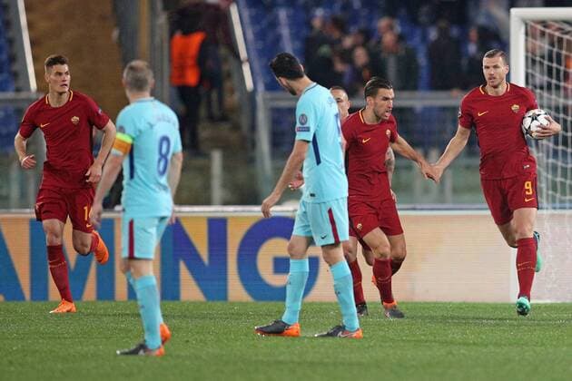 Edin Dzeko Roma esulta dopo il gol dell’1-0 Edin Dzeko celebrates after scoring goal Roma 10-04-2018 Stadio Olimpico Champions League, Quarti di Finale. AS Roma - Barcellona AS Roma - Barcelona Foto Luca Pagliaricci Insidefoto LucaxPagliaricci