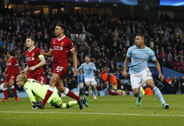 Manchester City s Gabriel Jesus celebrates scoring his sides opening goal during the Champions League Quarter Final 2nd Leg match at the Etihad Stadium, Manchester. Picture date: 10th April 2018. Picture credit should read: David Klein Sportimage EDITORIAL USE ONLY. No use with unauthorised audio, video, data, fixture lists, club league logos or live services. Online in-match use limited to 120 images, no video emulation. No use in betting, games or single club league player publications.