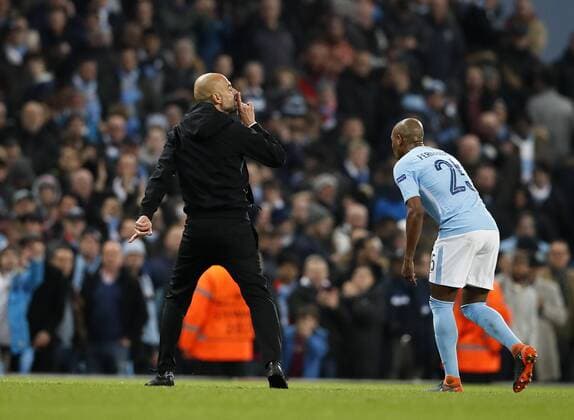 Manchester City s Pep Guardiola argues with referee Antonio Mateu Lahoz at half time during the Champions League Quarter Final 2nd Leg match at the Etihad Stadium, Manchester. Picture date: 10th April 2018. Picture credit should read: David Klein Sportimage EDITORIAL USE ONLY. No use with unauthorised audio, video, data, fixture lists, club league logos or live services. Online in-match use limited to 120 images, no video emulation. No use in betting, games or single club league player publications.