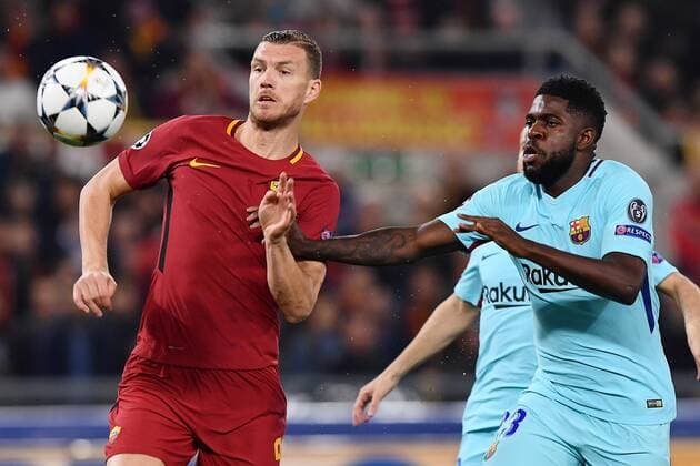 As Roma 10 04 2018 - Champions League Roma-Barcellona foto Antonello Sammarco Image nella foto: Edin Dzeko-Samuel Umtiti 