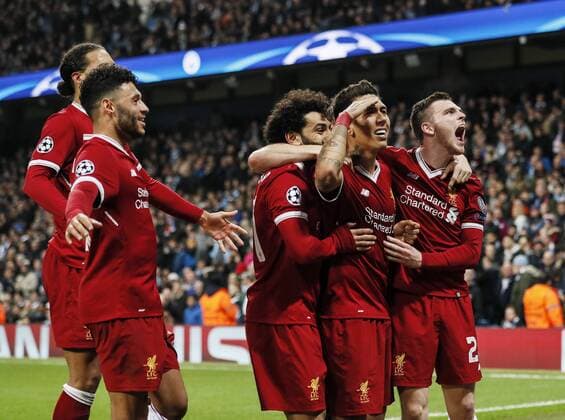 Bilder des Tages - SPORT Liverpool s Roberto Firmino celebrates scoring his sides second goal during the Champions League Quarter Final 2nd Leg match at the Etihad Stadium, Manchester. Picture date: 10th April 2018. Picture credit should read: David Klein Sportimage EDITORIAL USE ONLY. No use with unauthorised audio, video, data, fixture lists, club league logos or live services. Online in-match use limited to 120 images, no video emulation. No use in betting, games or single club league player publications.
