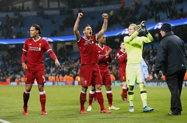 Liverpool s Dejan Lovren celebrates at the final whistle during the Champions League Quarter Final 2nd Leg match at the Etihad Stadium, Manchester. Picture date: 10th April 2018. Picture credit should read: David Klein Sportimage EDITORIAL USE ONLY. No use with unauthorised audio, video, data, fixture lists, club league logos or live services. Online in-match use limited to 120 images, no video emulation. No use in betting, games or single club league player publications.