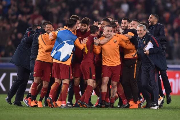 Esultanza per la vittoria della Roma Roma 10-04-2018 Stadio Olimpico Champions League, Quarti di Finale. AS Roma - Barcellona AS Roma - Barcelona Foto Antonietta Baldassarre Insidefoto AntoxBaldassarre