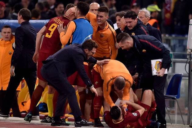 Esultanza per terzo gol Manolas Roma. Goal celebration Roma 10-04-2018 Stadio Olimpico Champions League, Quarti di Finale. AS Roma - Barcellona AS Roma - Barcelona Foto Antonietta Baldassarre Insidefoto AntoxBaldassarre