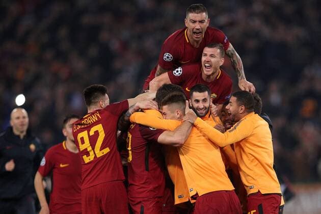 Fußball, CL, AS Rom - FC Barcelona L’esultanza dei giocatori della Roma al fischio finale dopo la qualificazione alla semifinale di Champions League Roma 10-04-2018 Stadio Olimpico Champions League, Quarti di Finale. AS Roma - Barcellona AS Roma - Barcelona Foto Luca Pagliaricci Insidefoto LucaxPagliaricci
