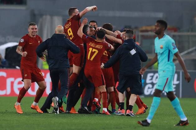 Fußball, CL, AS Rom - FC Barcelona Esultanza a fine partita per la qualificazione alla semifinale Roma 10-04-2018 Stadio Olimpico Football Calcio UEFA Champions League 2017 2018 AS Roma - Barcelona AS Roma - Barcellona Quarti di finale ritorno, Quarter finals 2nd leg Foto Cesare Purini Insidefoto cesarexpurini