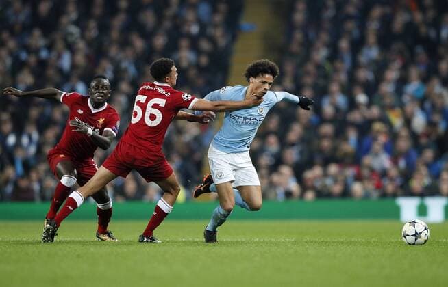 Manchester City s Leory Sane gets fouled by Liverpool s Trent Alexander-Arnold during the Champions League Quarter Final 2nd Leg match at the Etihad Stadium, Manchester. Picture date: 10th April 2018. Picture credit should read: David Klein Sportimage EDITORIAL USE ONLY. No use with unauthorised audio, video, data, fixture lists, club league logos or live services. Online in-match use limited to 120 images, no video emulation. No use in betting, games or single club league player publications.