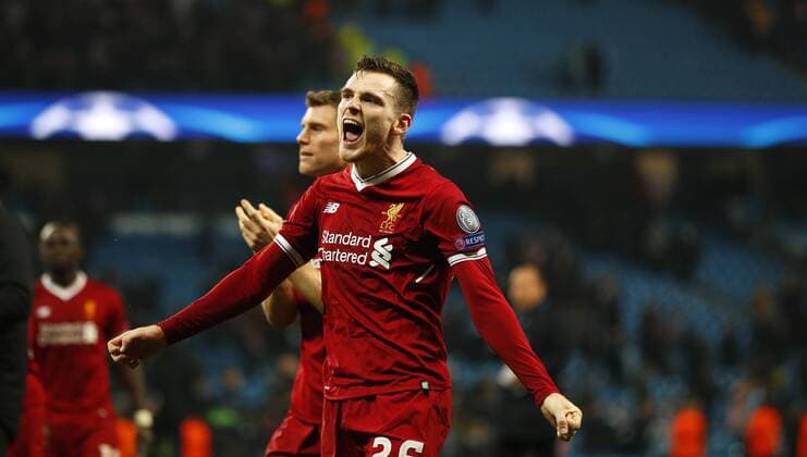 Football - 2017 2018 UEFA Champions League - Quarter-Final, Second Leg: Manchester City (0) vs. Liverpool (3) Andy Robertson of Liverpool celebrates at The Etihad. COLORSPORT 