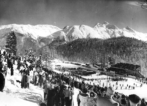 - SANKT MORITZ, SWITZERLAND: (FILE) This file picture dated 31 January 1948 shows the opening ceremony at the Winter Olympic Games Olympische Spiele Olympia OS in Sankt Moritz, Switzerland. ARCHIVES BELGAxARCHIVES  x32092219x