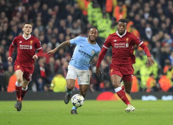 10th April 2018, Etihad Stadium, Manchester, England; UEFA Champions League football, quarter final, second leg; Manchester City verses Liverpool; Raheem Sterling of Manchester City and Georginio Wijnaldum of Liverpool challenge for the ball  ActionPlus12011847