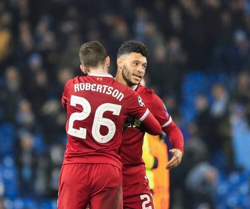 10th April 2018, Etihad Stadium, Manchester, England; UEFA Champions League football, quarter final, second leg; Manchester City verses Liverpool; Alex Oxlade-Chamberlain and Andrew Robertson of Liverpool celebrate the victory  ActionPlus12011858