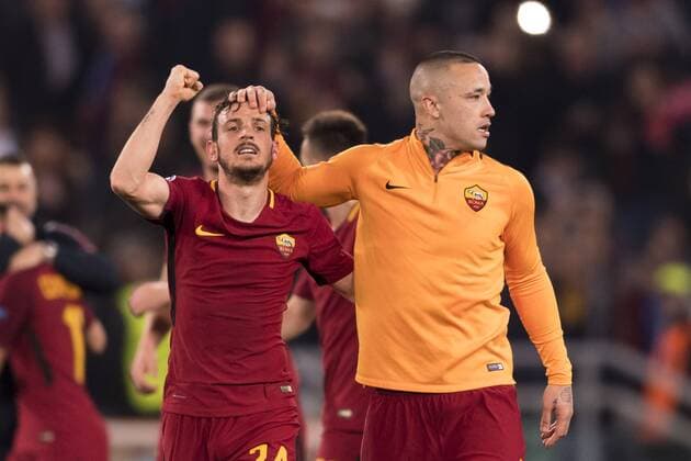 Fußball, CL, AS Rom bezwingt FC Barcelona Alessandro Florenzi of Roma and Radja Nainggolan of Roma Final Joy during the Uefa Champions League Quarter-finals , 2st leg, match between Roma 3-0 Barcelona at Olimpic Stadium on April 10, 2018 in Roma, Italy. Noxthirdxpartyxsales  (75891827)