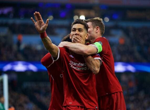 (180411) -- MANCHESTER, April 11, 2018 () -- Liverpool s Roberto Firmino (Front) celebrates with his teammates after scoring during the UEFA Champions League quarterfinal second leg soccer match between Manchester City and Liverpool in Manchester, Britain, on April 10, 2018. Liverpool won 5-1 on aggregate and advanced to the semifinal. () FOR EDITORIAL USE ONLY. NOT FOR SALE FOR MARKETING OR ADVERTISING CAMPAIGNS. NO USE WITH UNAUTHORIZED AUDIO, VIDEO, DATA, FIXTURE LISTS, CLUB LEAGUE LOGOS OR LIVE SERVICES. ONLINE IN-MATCH USE LIMITED TO 45 IMAGES, NO VIDEO EMULATION. NO USE IN BETTING, GAMES OR SINGLE CLUB LEAGUE PLAYER PUBLICATIONS.) (SP)BRITAIN-MANCHESTER-SOCCER-UEFA CHAMPIONS LEAGUE-MANCHESTER CITY VS LIVERPOOL Xinhua