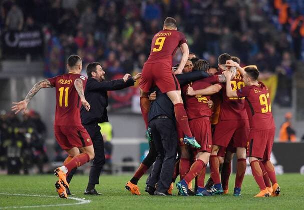 FUSSBALL CHAMPIONS LEAGUE SAISON 2017 2018 VIERTELFINALE RUECKSPIEL AS Rom - FC Barcelona Barca 10.04.2018 SCHLUSSJUBEL Team AS Rom 