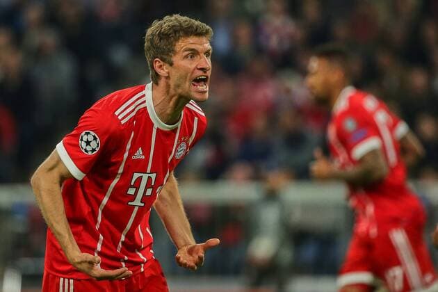 Bilder des Tages - SPORT Muenchen, Deutschland 11.04.2018, UEFA Champions League - 2017 18 Season, Quarter-finals, Second leg, FC Bayern Muenchen - Sevilla FC , Thomas Mueller (FCB) schreit, gestikuliert, gestik ( DeFodi501