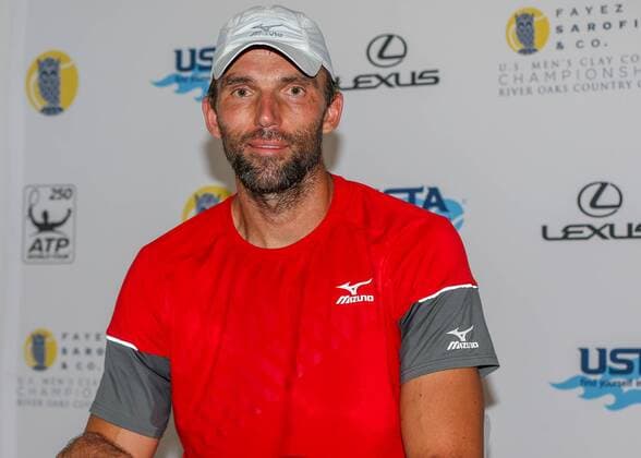 HOUSTON, TX - APRIL 11: Ivo Karlovic of Croatia speaks to the press after defeating Denis Kudla of the United States during the Doubles first round of the Men s Clay Court Championships on April 11, 2018 at River Oaks Country Club in Houston, Texas. (Photo by Leslie Plaza Johnson Icon Sportswire) TENNIS: APR 11 US Men s Clay Court Championships Icon180411042 EDITORIAL USE ONLY