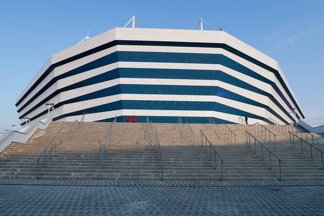 KALININGRAD, RUSSIA - APRIL 11, 2018: A view of Kaliningrad Stadium hosting a 2017 18 Russian Football National League match between FC Baltika Kaliningrad and FC Krylya Sovetov Samara, the first test match ahead of the 2018 FIFA World Cup WM Weltmeisterschaft Fussball Vitaly Nevar TASS  TS07B812