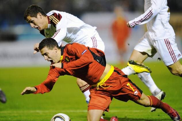 - VORONEZH, RUSSIA: A Russian player commits a fault on Belgium s Eden Hazard in the penalty area, during the friendly soccer match Russia vs Belgium, in Voronezh, Wednesday 17 November 2010. ERICxLALMAND  x23579263x
