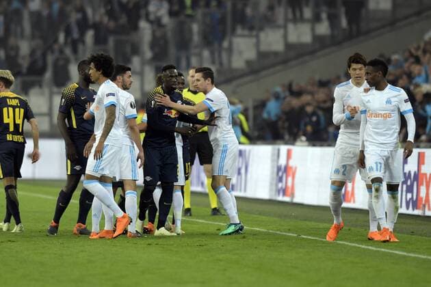 Altercation FOOTBALL : Marseille vs RB Liepzig - Europa League - 12 04 2018 FranckPennant Panoramic 