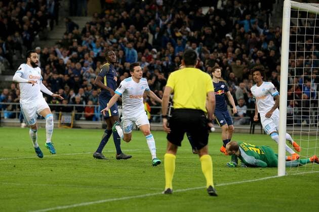 Bilder des Tages - SPORT Florian Thauvin ( Olympique Marseille 26 ) Jubel nach dem 3:1, Olympique Marseille vs. RB Leipzig, UEFA Europa League, Viertelfinale, Rueckspiel, Fussball, 12.04.2018, Marseille Copyright: xLanger Eibner-Pressefotox EP_HLR