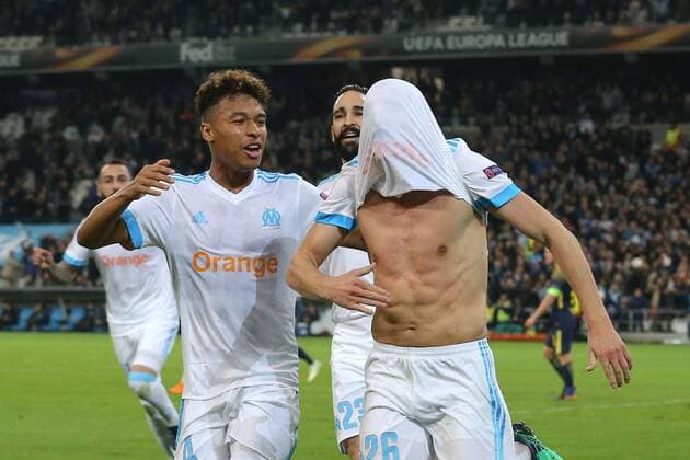 Boubacar Kamara ( Olympique Marseille 4 ) Florian Thauvin ( Olympique Marseille 26 ) nach dem 3:1, Olympique Marseille vs. RB Leipzig, UEFA Europa League, Viertelfinale, Rueckspiel, Fussball, 12.04.2018, Marseille Copyright: xLanger Eibner-Pressefotox EP_HLR