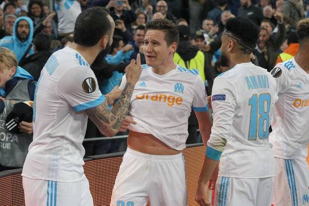 Kostas Mitroglou ( Olympique Marseille 11 ) Florian Thauvin ( Olympique Marseille 26 ) nach dem 3:1, Olympique Marseille vs. RB Leipzig, UEFA Europa League, Viertelfinale, Rueckspiel, Fussball, 12.04.2018, Marseille Copyright: xLanger Eibner-Pressefotox EP_HLR