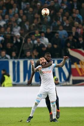 Kostas Mitroglou ( Olympique Marseille 11 ) Dayot Upamecano (RB Leipzig 5), Olympique Marseille vs. RB Leipzig, UEFA Europa League, Viertelfinale, Rueckspiel, Fussball, 12.04.2018, Marseille Copyright: xLanger Eibner-Pressefotox EP_HLR