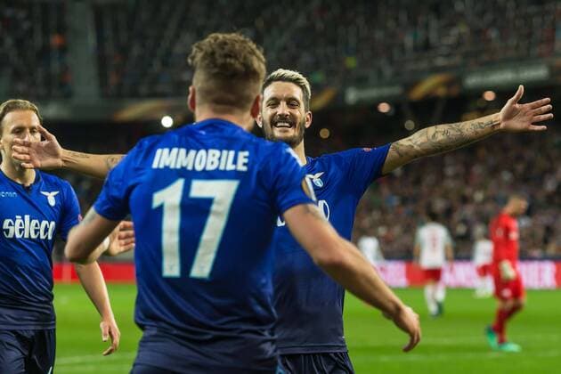 Salzburg, Oesterreich 12.04.2018, UEFA Europa League - 2017 18 Season, Quarter-finals, Second leg, Red Bull Salzburg - Lazio Rom, jubel, Torjubel um Ciro Immobile (ROM) nach dem treffer zum 0:1 ( DeFodi507