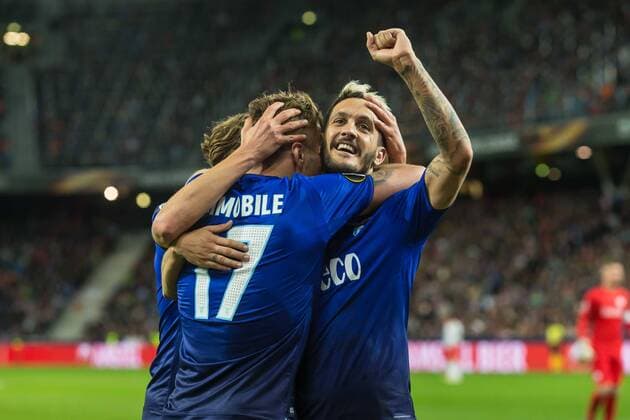 Salzburg, Oesterreich 12.04.2018, UEFA Europa League - 2017 18 Season, Quarter-finals, Second leg, Red Bull Salzburg - Lazio Rom, jubel, Torjubel um Ciro Immobile (ROM) nach dem treffer zum 0:1 ( DeFodi507