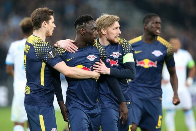 Marcel Sabitzer (RB Leipzig 7) Jean-Kevin Augustin ( RB Leipzig 29) Emil Forsberg (RB Leipzig 10) nach dem 3: , Olympique Marseille vs. RB Leipzig, UEFA Europa League, Viertelfinale, Rueckspiel, Fussball, 12.04.2018, Marseille Copyright: xLanger Eibner-Pressefotox EP_HLR