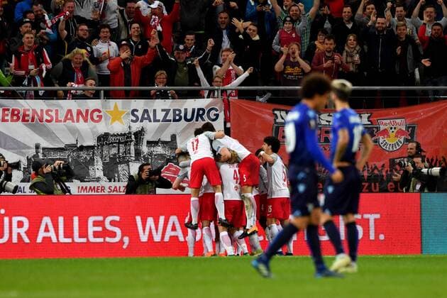 SOCCER - EL, RBS vs Lazio SALZBURG,AUSTRIA,12.APR.18 - SOCCER - UEFA Europa League, quarterfinal, Red Bull Salzburg vs SS Lazio. Image shows the rejoicing of RBS. GEPAxpictures xFlorianxErtl