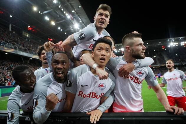 SOCCER - EL, RBS vs Lazio SALZBURG,AUSTRIA,12.APR.18 - SOCCER - UEFA Europa League, quarterfinal, Red Bull Salzburg vs SS Lazio. Image shows the rejoicing of RBS. GEPAxpictures xChristianxWalgram