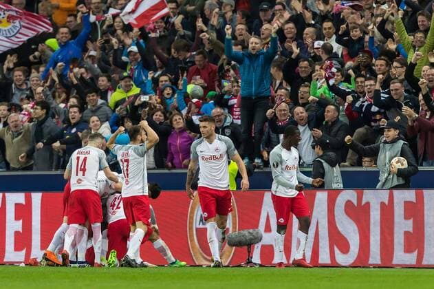 Salzburg, Oesterreich 12.04.2018, UEFA Europa League - 2017 18 Season, Quarter-finals, Second leg, Red Bull Salzburg - Lazio Rom, jubel, Torjubel um Stefan Lainer (FCS) nach dem treffer zum 4:1 ( DeFodi507