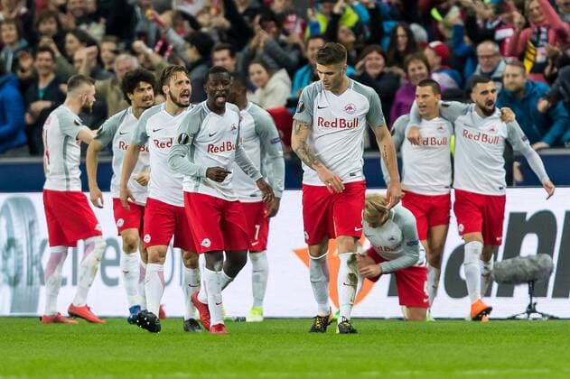 Salzburg, Oesterreich 12.04.2018, UEFA Europa League - 2017 18 Season, Quarter-finals, Second leg, Red Bull Salzburg - Lazio Rom, jubel, Torjubel um Stefan Lainer (FCS) nach dem treffer zum 4:1 ( DeFodi507