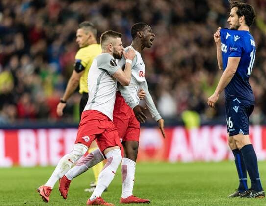 12.04.2018, Red Bull Arena, Salzburg, AUT, UEFA EL, FC Salzburg vs SS Lazio Roma, Viertelfinale, Rueckspiel, im Bild Torjubel zum 2:1 durch Amadou Haidara (FC Salzburg) during the UEFA Europa League Quaterfinal, 2nd Leg Match between FC Salzburg and SS Lazio Roma at the Red Bull Arena in Salzburg, Austria on 2018 04 12. Salzburg