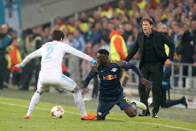 Hiroki Sakai ( Olympique Marseille 2 ) Jean-Kevin Augustin ( RB Leipzig 29), Olympique Marseille vs. RB Leipzig, UEFA Europa League, Viertelfinale, Rueckspiel, Fussball, 12.04.2018, Marseille Copyright: xLanger Eibner-Pressefotox EP_HLR