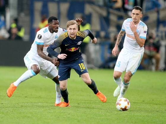 Andre Zambo Anguissa ( Olympique Marseille 29 ) Emil Forsberg (RB Leipzig 10), Olympique Marseille vs. RB Leipzig, UEFA Europa League, Viertelfinale, Rueckspiel, Fussball, 12.04.2018, Marseille Copyright: xLanger Eibner-Pressefotox EP_HLR