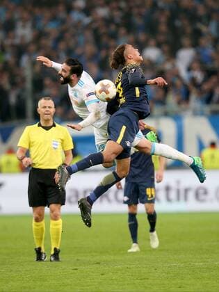 Adil Rami ( Olympique Marseille 23 ) Yussuf Poulsen (RB Leipzig 9), Olympique Marseille vs. RB Leipzig, UEFA Europa League, Viertelfinale, Rueckspiel, Fussball, 12.04.2018, Marseille Copyright: xLanger Eibner-Pressefotox EP_HLR