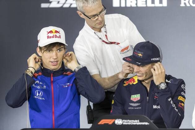 French F1 driver Pierre Gasly of Scuderia Toro Rosso, left, and Dutch F1 driver Max Verstappen of Red Bull Racing attend a press conference PK Pressekonferenz before the 2018 Formula 1 Chinese Grand Prix at the Shanghai International Circuit in Shanghai, China, 12 April 2018. F1 drivers meet press to preheat 2018 Formula 1 Chinese Grand Prix in Shanghai  20180412_75278
