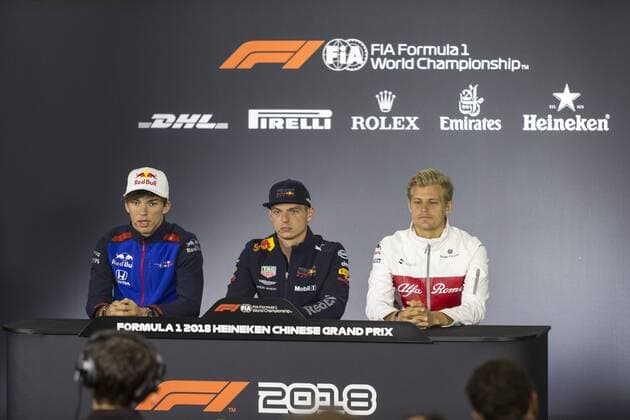 (From left) French F1 driver Pierre Gasly of Scuderia Toro Rosso, Dutch F1 driver Max Verstappen of Red Bull Racing and Swedish F1 driver Marcus Ericsson of Sauber-Ferrari attend a press conference PK Pressekonferenz before the 2018 Formula 1 Chinese Grand Prix at the Shanghai International Circuit in Shanghai, China, 12 April 2018. F1 drivers meet press to preheat 2018 Formula 1 Chinese Grand Prix in Shanghai  20180412_61254